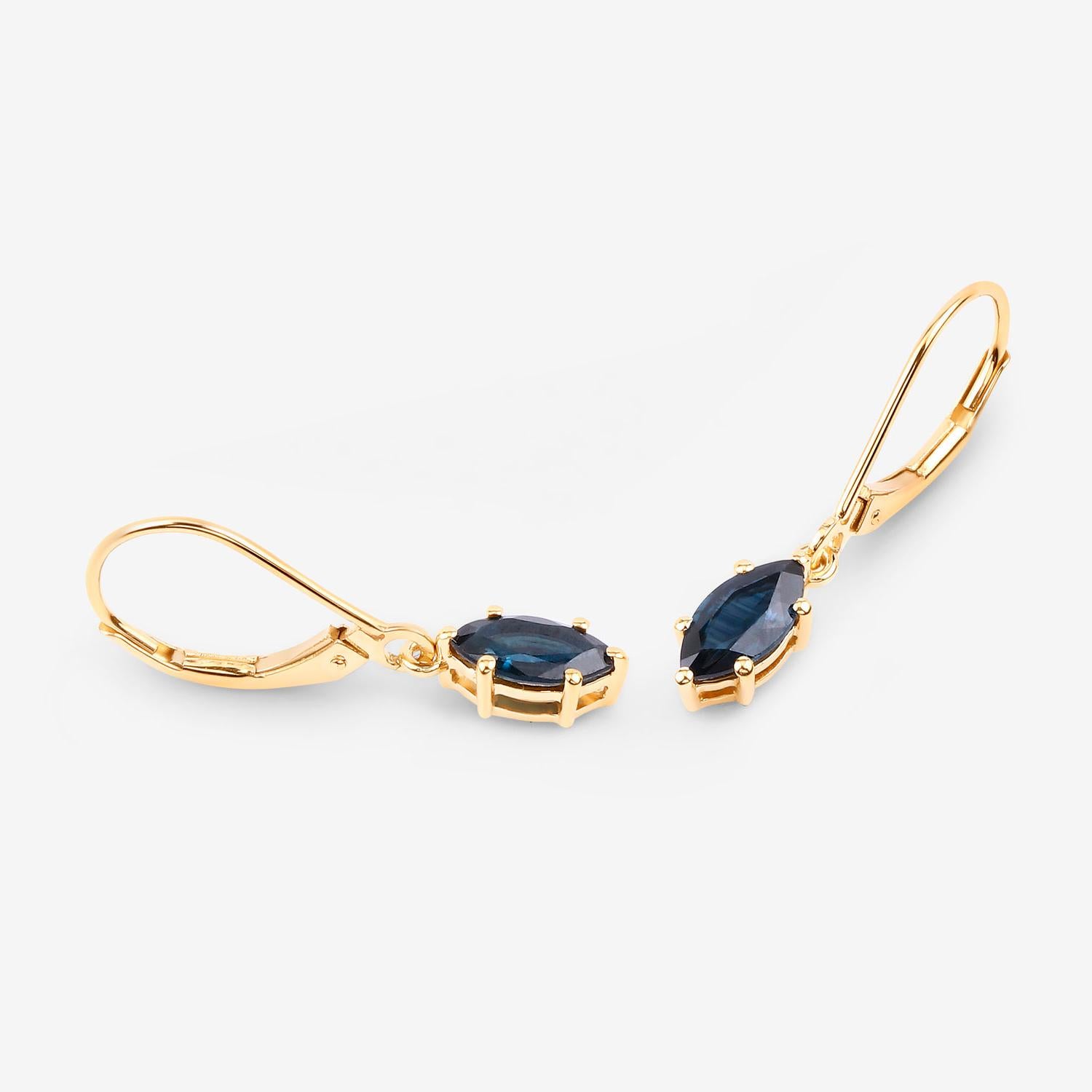 Taglio marquise Blue Sapphire Dangle Earrings 1.18 Carats 10K Yellow Gold in vendita
