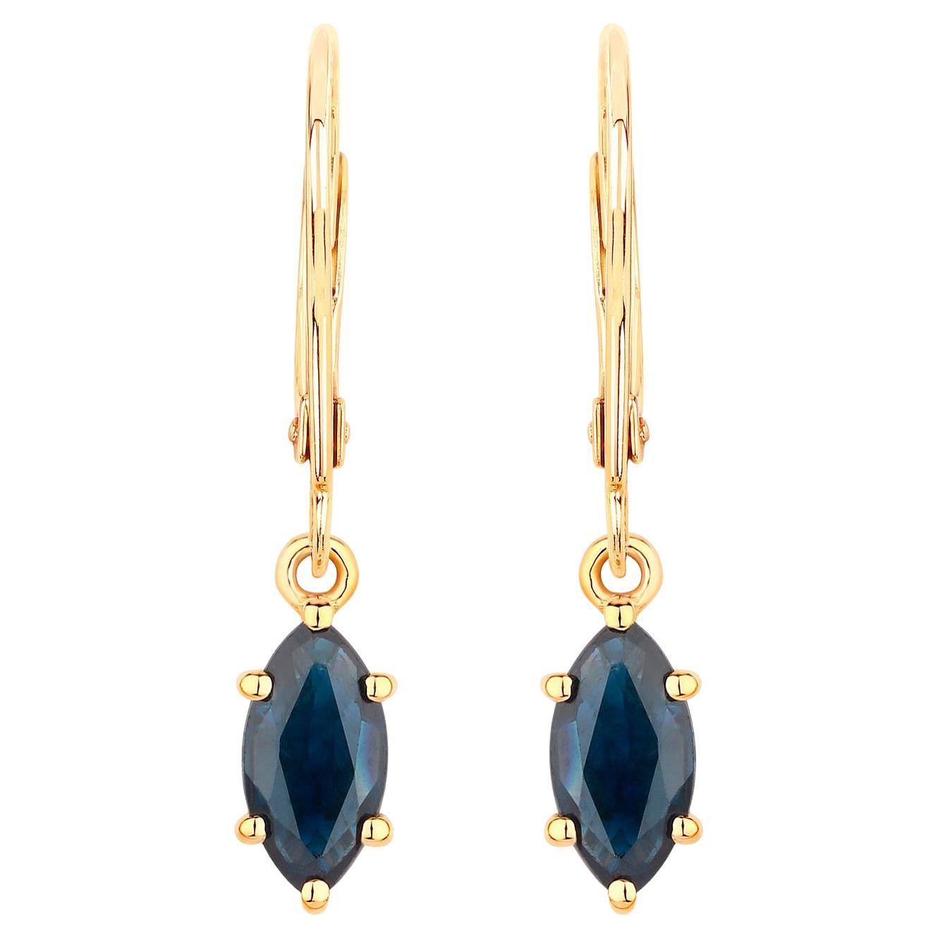 Blue Sapphire Dangle Earrings 1.18 Carats 10K Yellow Gold