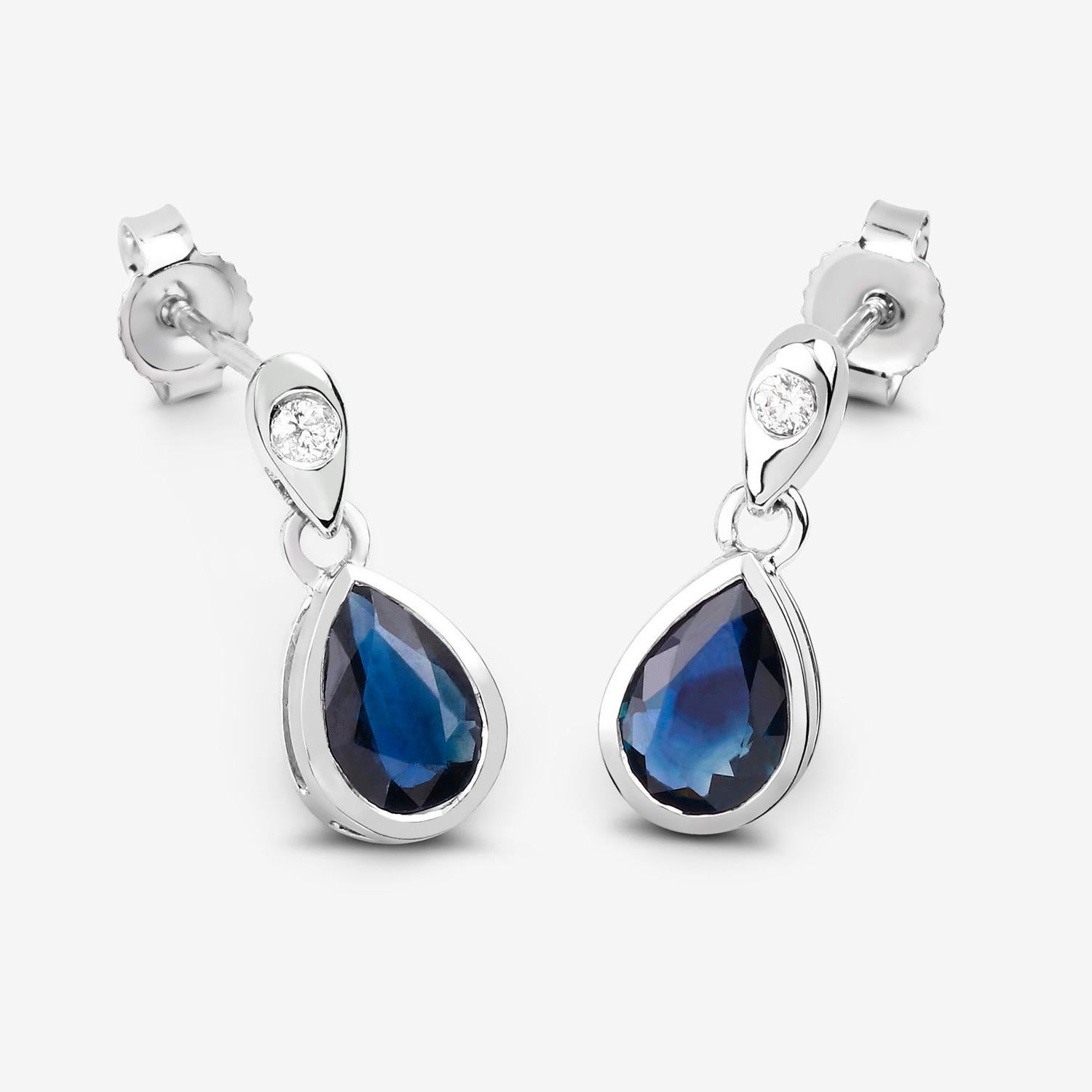 Pear Cut Blue Sapphire Dangle Earrings Diamonds 1.64 Carats 10K White Gold For Sale