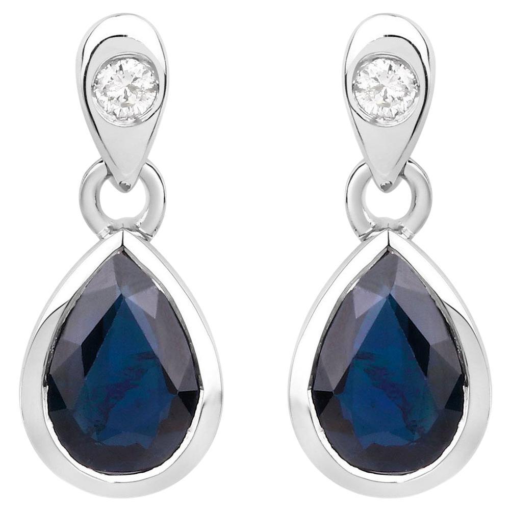 Blue Sapphire Dangle Earrings Diamonds 1.64 Carats 10K White Gold For Sale