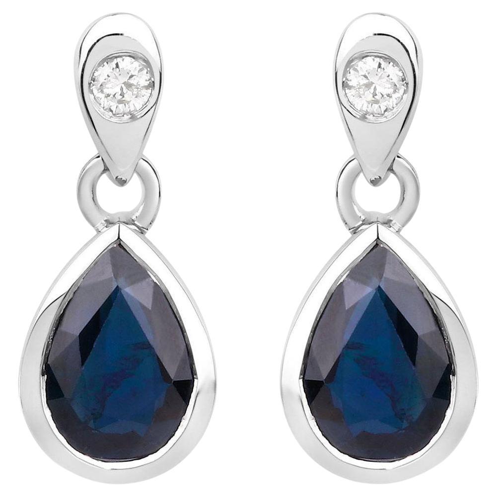 Blue Sapphire Dangle Earrings Diamonds 1.64 Carats 10K White Gold