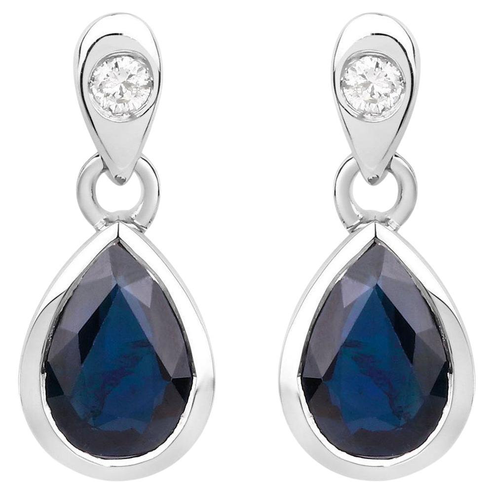 Blue Sapphire Dangle Earrings Diamonds 1.64 Carats 10K White Gold For Sale