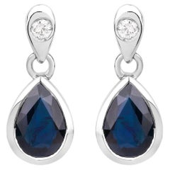 Blue Sapphire Dangle Earrings Diamonds 1.64 Carats 10K White Gold