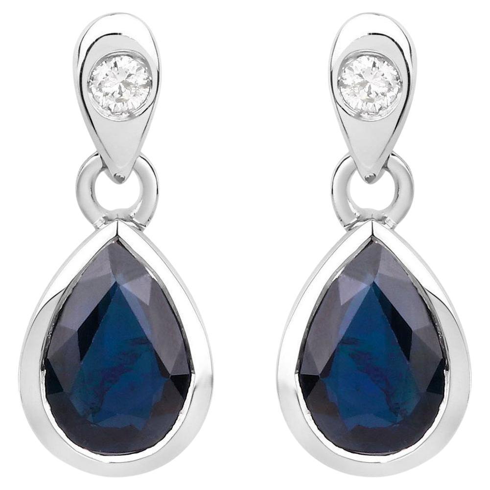 Pendants d'oreilles en or blanc 10 carats avec saphir bleu et diamants 1,64 carat