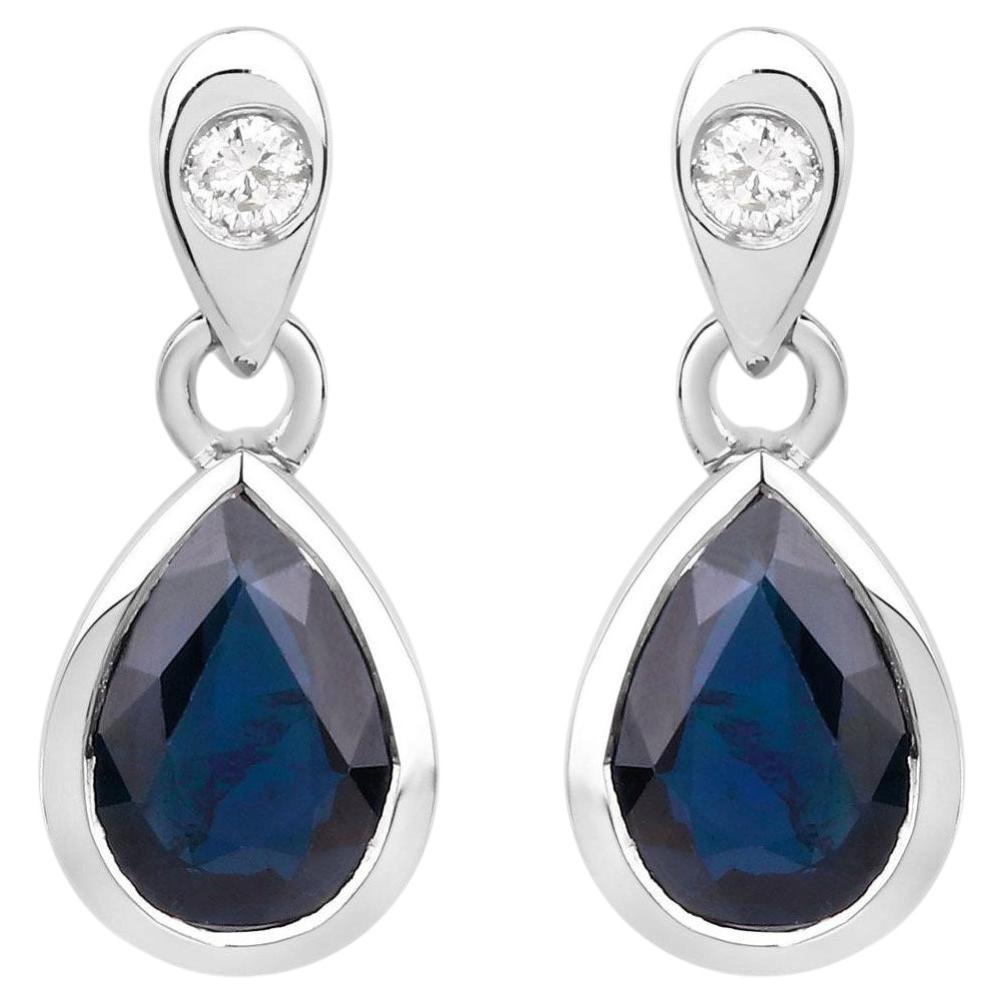 Blue Sapphire Dangle Earrings Diamonds 1.64 Carats 10K White Gold