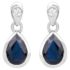 Blue Sapphire Dangle Earrings Diamonds 1.64 Carats 10K White Gold