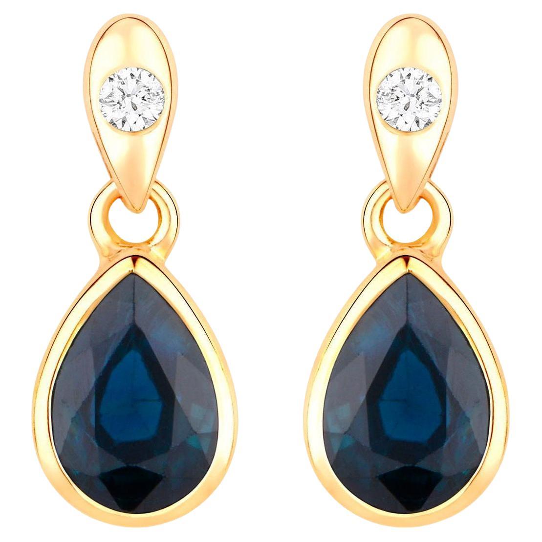 Blue Sapphire Dangle Earrings Diamonds 1.64 Carats 10K Yellow Gold For Sale