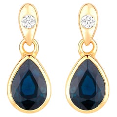 Blue Sapphire Dangle Earrings Diamonds 1.64 Carats 10K Yellow Gold