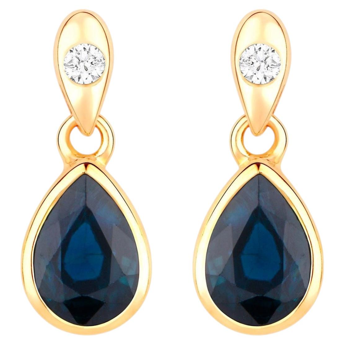 Blue Sapphire Dangle Earrings Diamonds 1.64 Carats 10K Yellow Gold