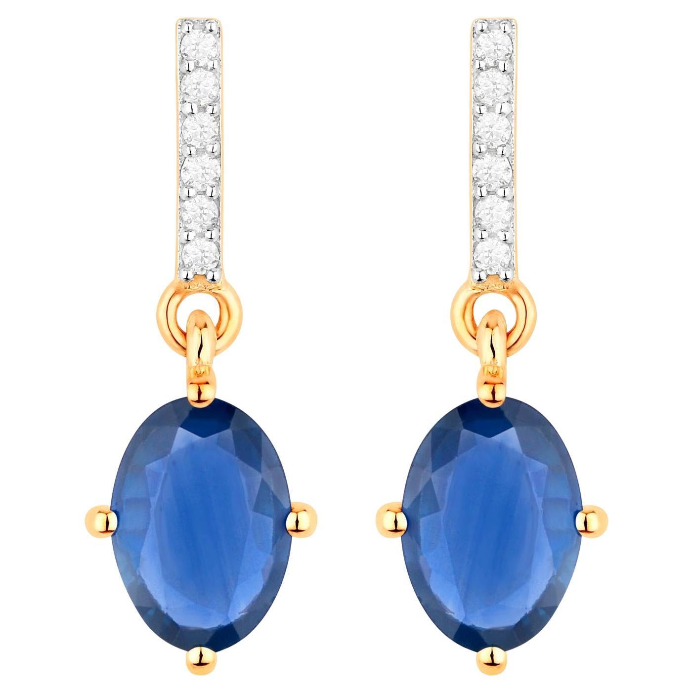 Boucles d'oreilles pendantes saphir bleu Diamants 1.9 carats Or jaune 14K