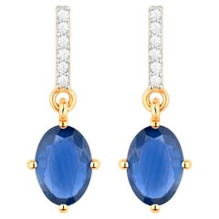 Blue Sapphire Dangle Earrings Diamonds 1.9 Carats 14K Yellow Gold