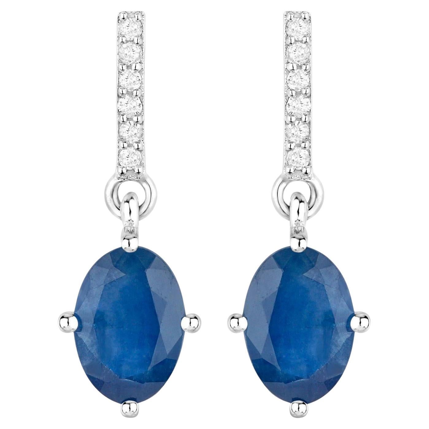 Blue Sapphire Dangle Earrings Diamonds 1.96 Carats 10K White Gold