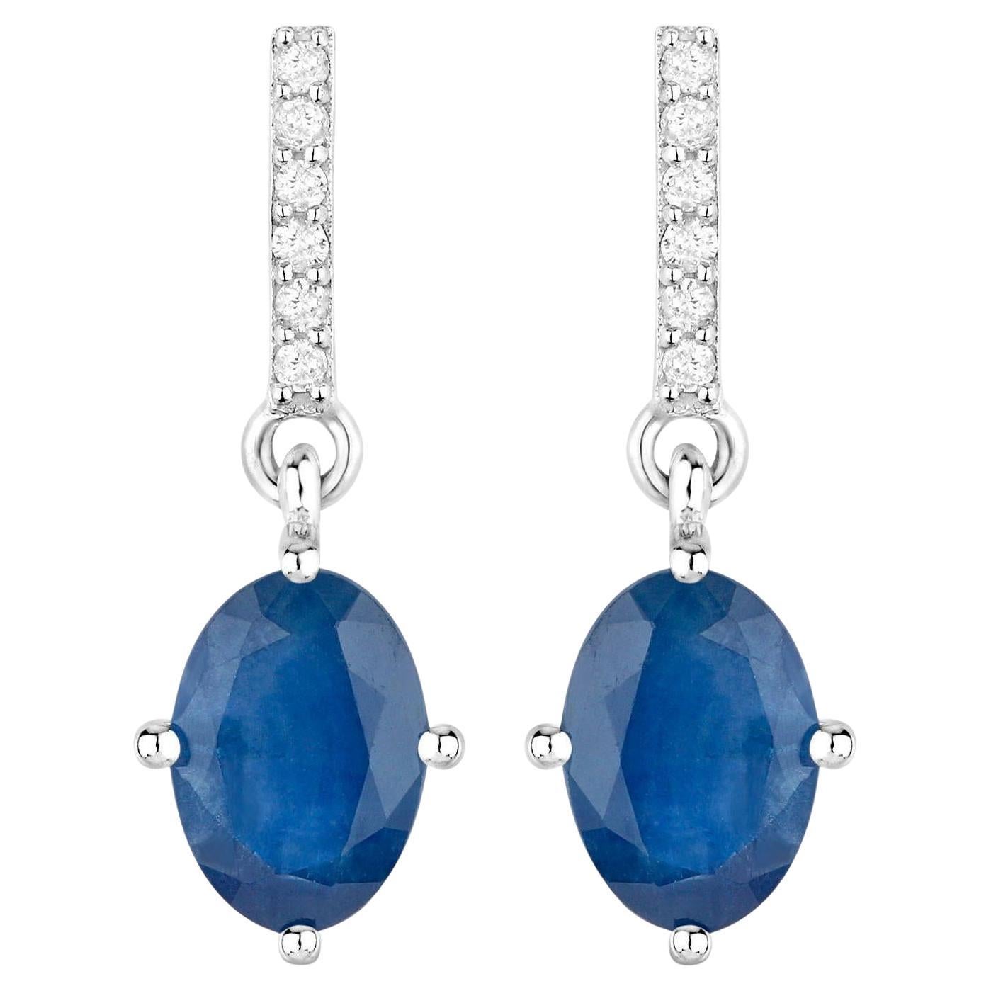 Blue Sapphire Dangle Earrings Diamonds 1.96 Carats 10K White Gold For Sale