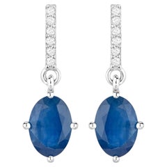 Blue Sapphire Dangle Earrings Diamonds 1.96 Carats 10K White Gold
