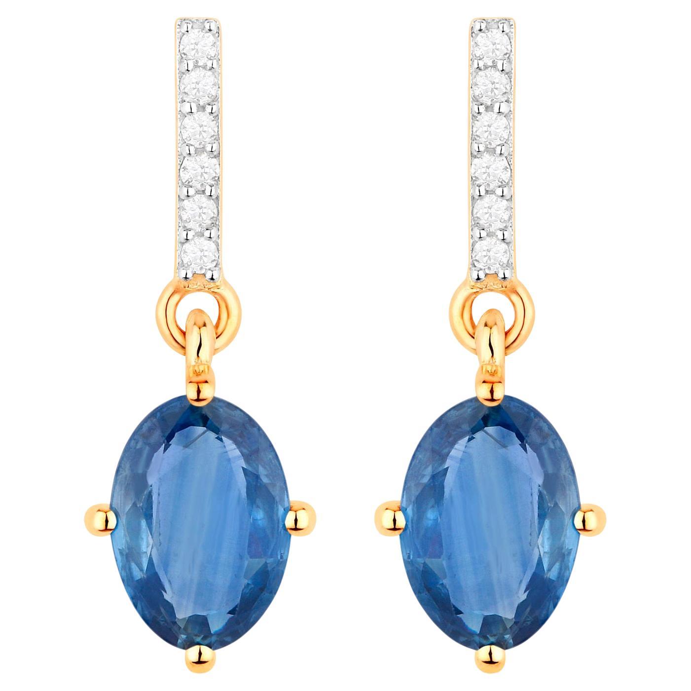 Blue Sapphire Dangle Earrings Diamonds 1.96 Carats 10K Yellow Gold For Sale
