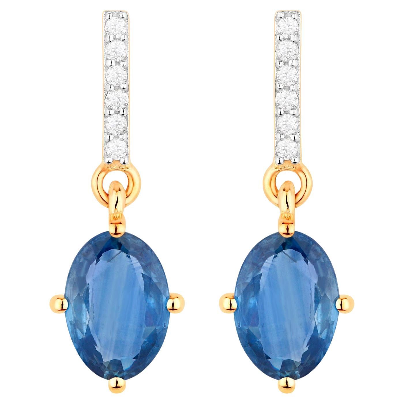 Blue Sapphire Dangle Earrings Diamonds 1.96 Carats 10K Yellow Gold For Sale