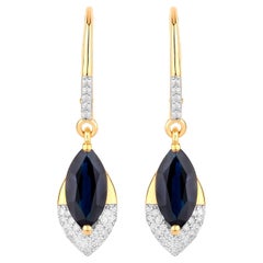 Blue Sapphire Dangle Earrings Diamonds 2.7 Carats 14K Yellow Gold
