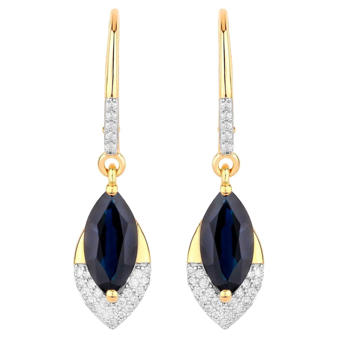 Blue Sapphire Dangle Earrings Diamonds 2.7 Carats 14K Yellow Gold