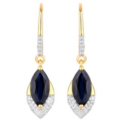 Blue Sapphire Dangle Earrings Diamonds 2.7 Carats 14K Yellow Gold