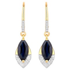 Blue Sapphire Dangle Earrings Diamonds 2.7 Carats 14K Yellow Gold