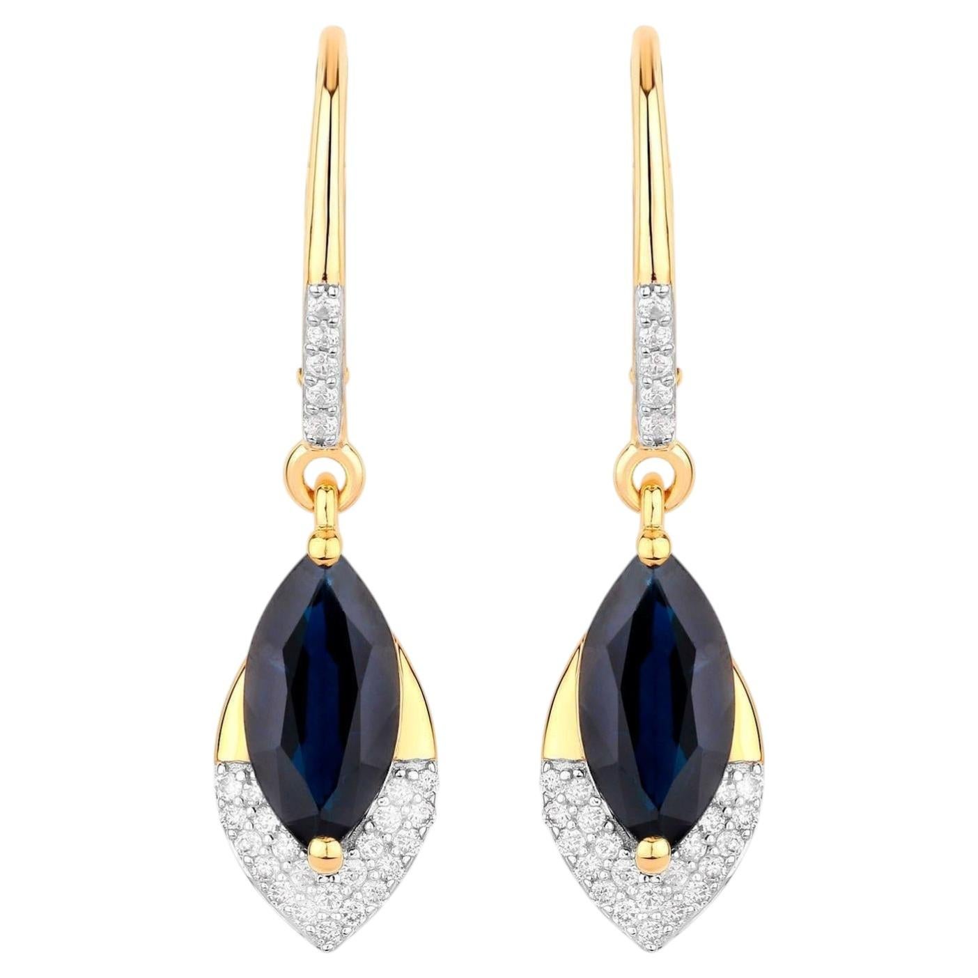 Blue Sapphire Dangle Earrings Diamonds 2.7 Carats 14K Yellow Gold