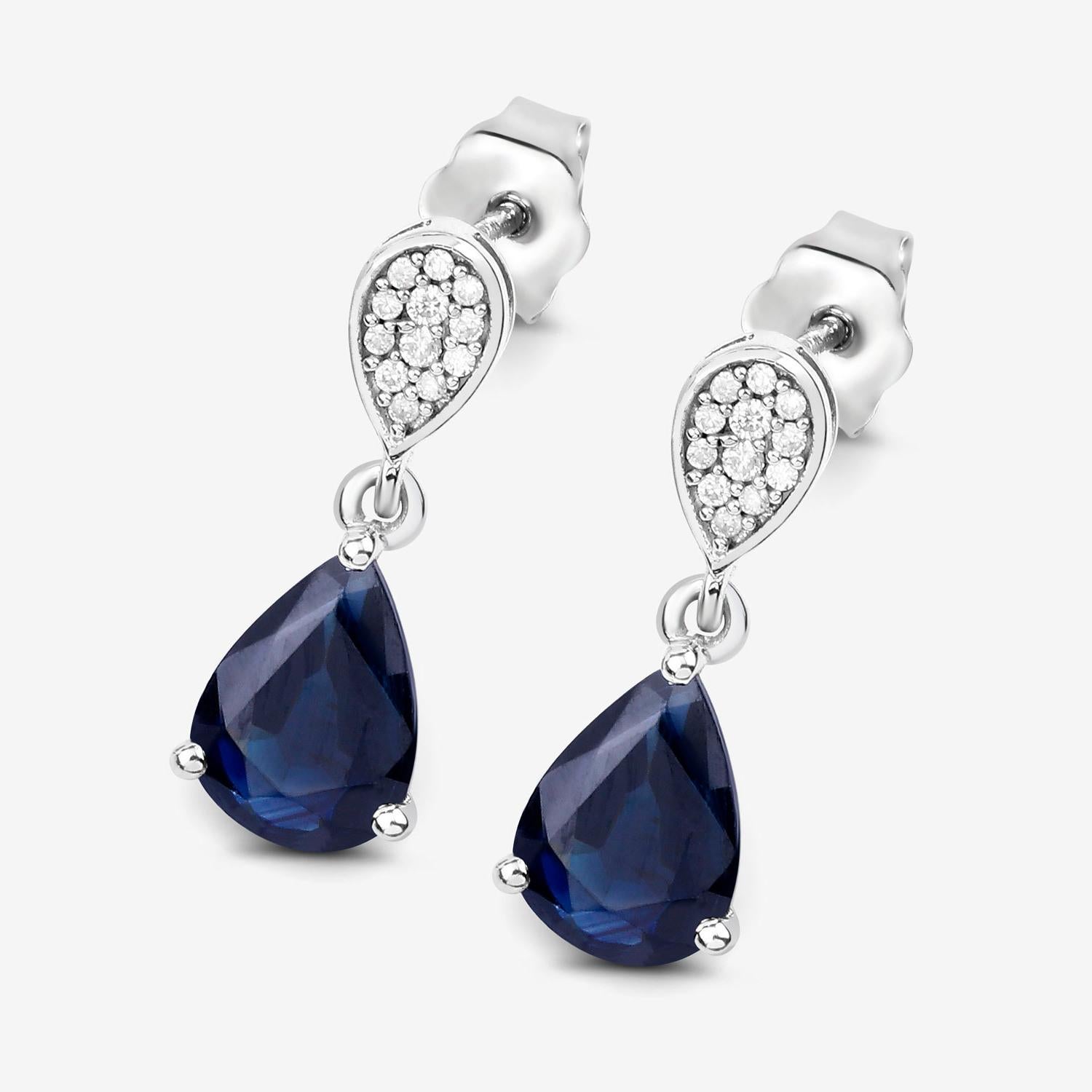 Pear Cut Blue Sapphire Dangle Earrings Diamonds 2.75 Carats 10K White Gold For Sale