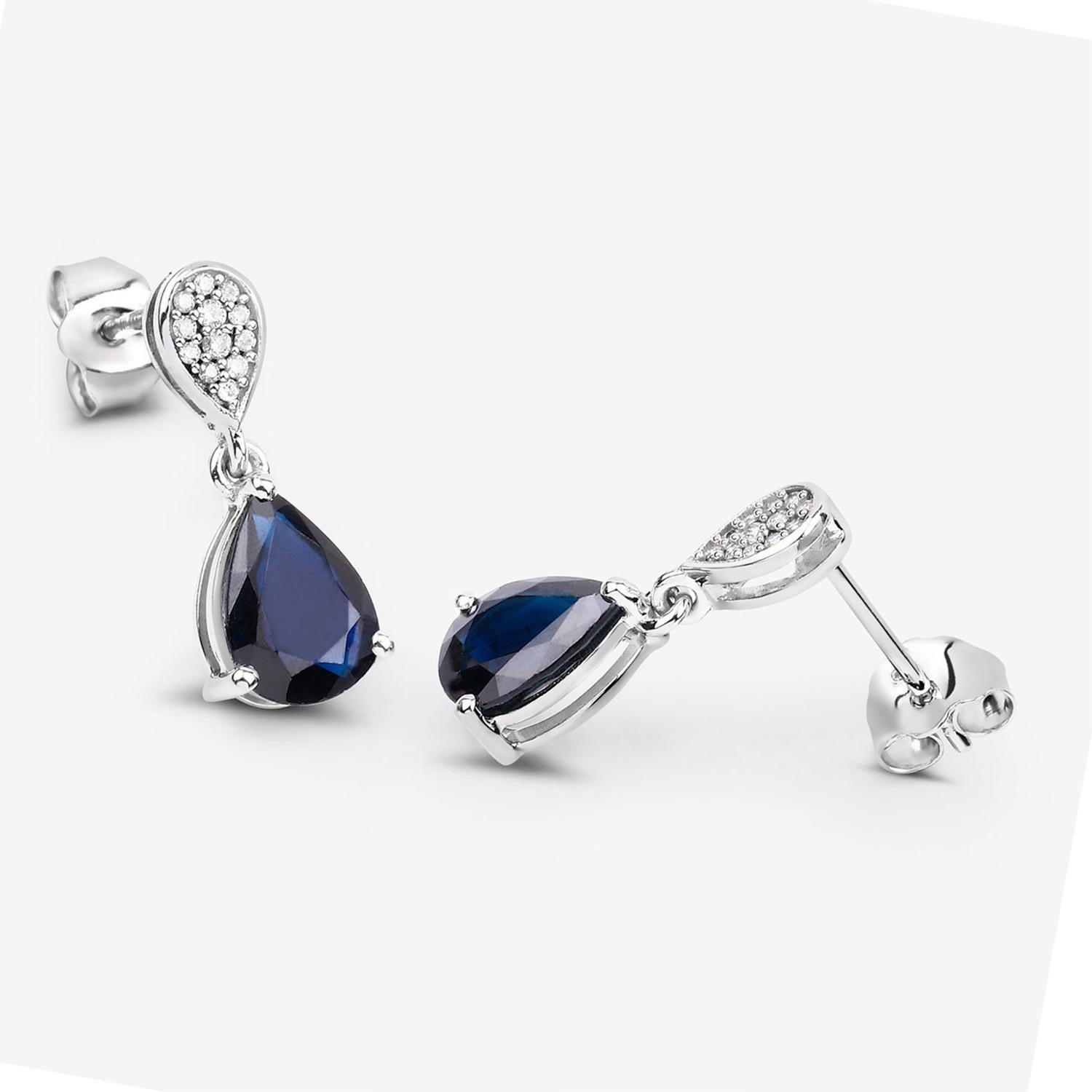 Women's or Men's Blue Sapphire Dangle Earrings Diamonds 2.75 Carats 10K White Gold For Sale