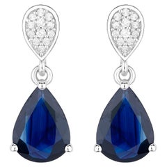 Blue Sapphire Dangle Earrings Diamonds 2.75 Carats 10K White Gold