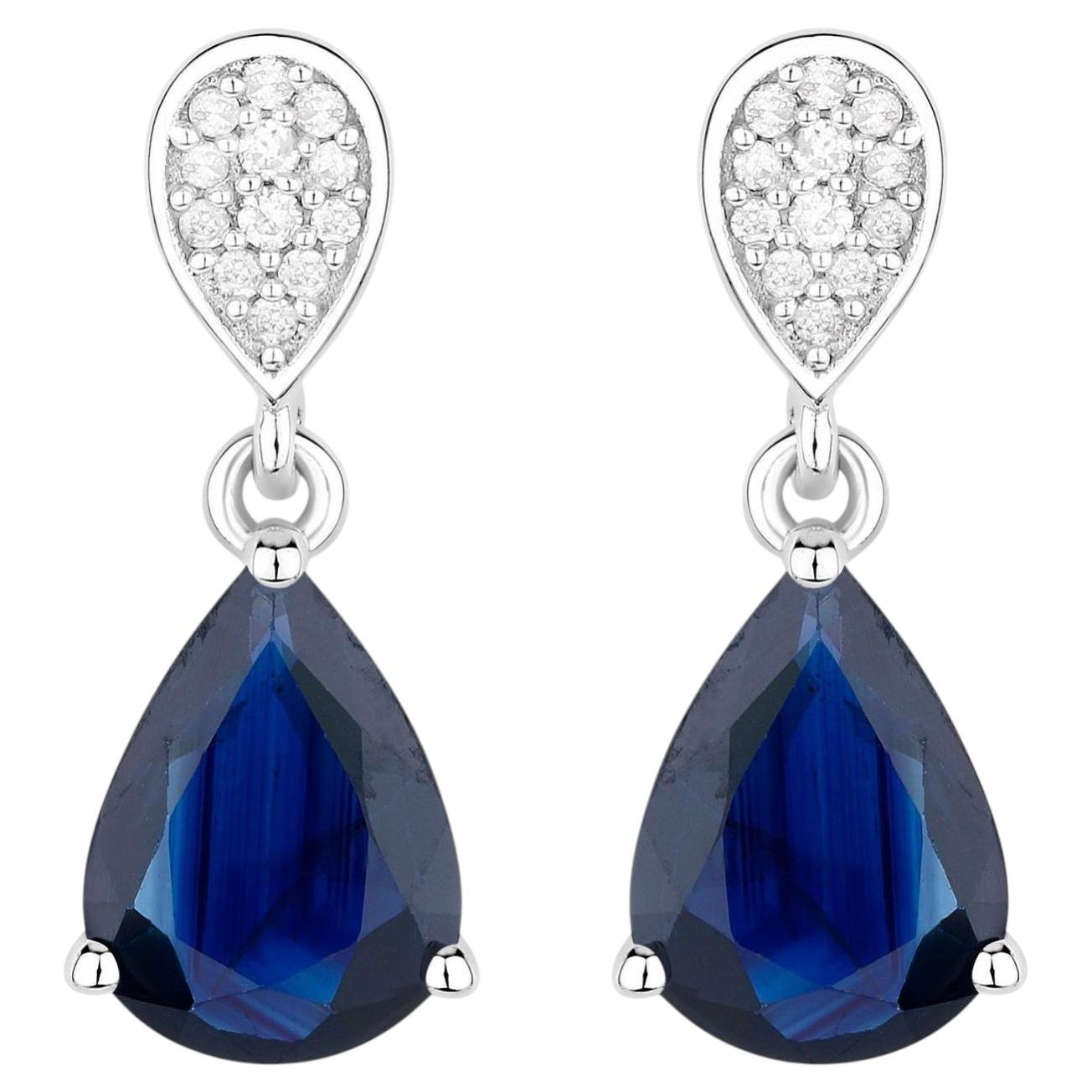 Blue Sapphire Dangle Earrings Diamonds 2.75 Carats 10K White Gold