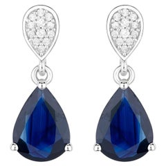 Blue Sapphire Dangle Earrings Diamonds 2.75 Carats 10K White Gold