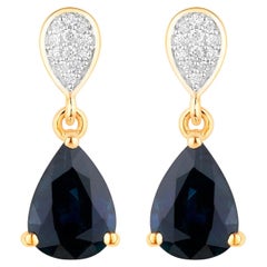 Pendants d'oreilles en or jaune 10 carats avec saphir bleu et diamants de 2,75 carats