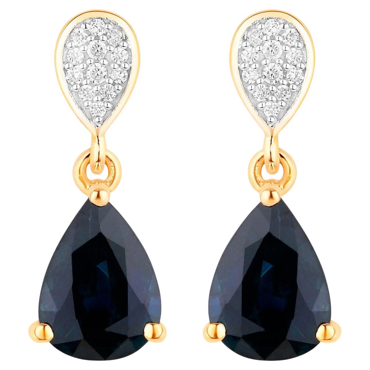 Pendants d'oreilles en or jaune 10 carats avec saphir bleu et diamants de 2,75 carats en vente