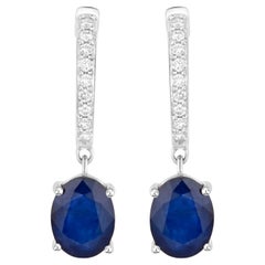 Blue Sapphire Dangle Earrings Diamonds 3.2 Carats 14K White Gold
