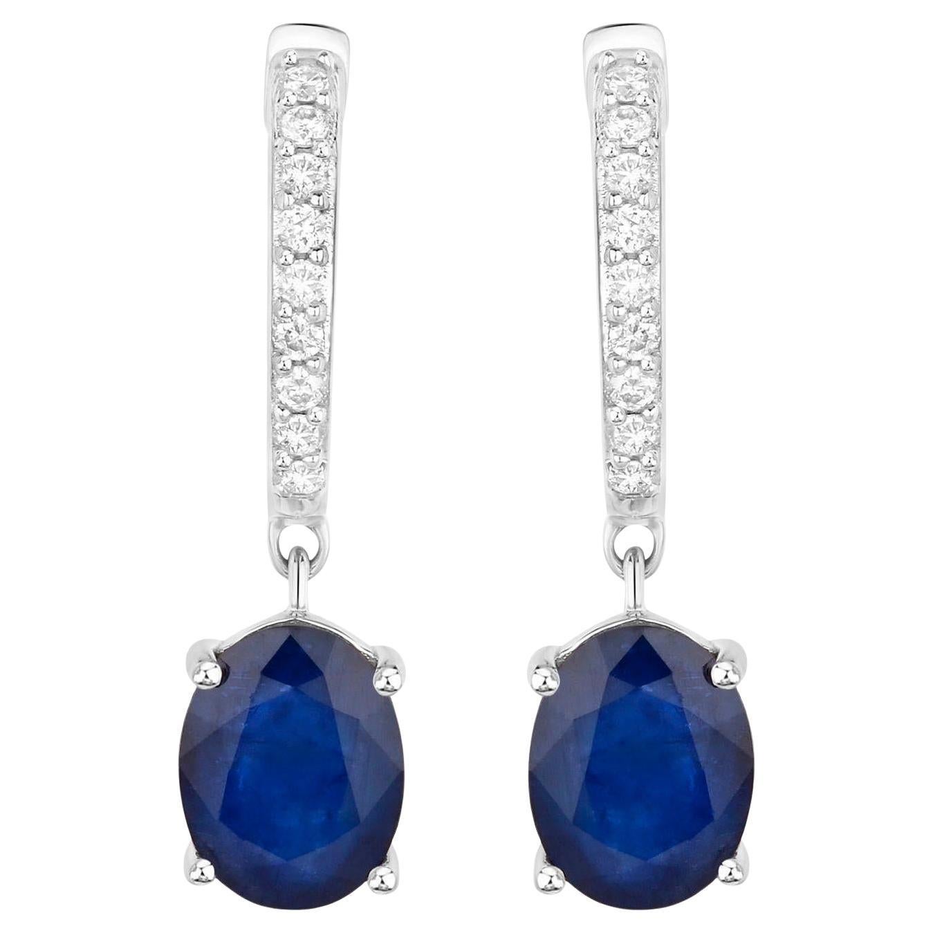 Blue Sapphire Dangle Earrings Diamonds 3.2 Carats 14K White Gold
