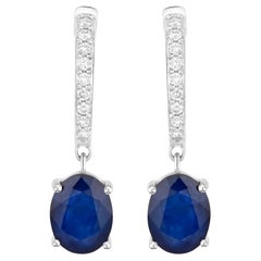 Blue Sapphire Dangle Earrings Diamonds 3.2 Carats 14K White Gold