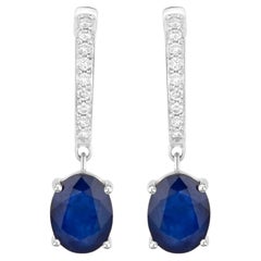 Blue Sapphire Dangle Earrings Diamonds 3.2 Carats 14K White Gold
