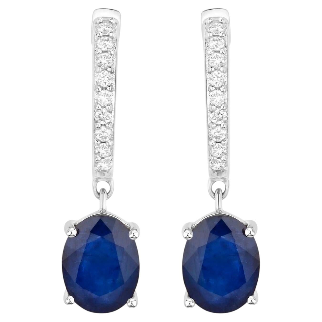 Blue Sapphire Dangle Earrings Diamonds 3.2 Carats 14K White Gold For Sale
