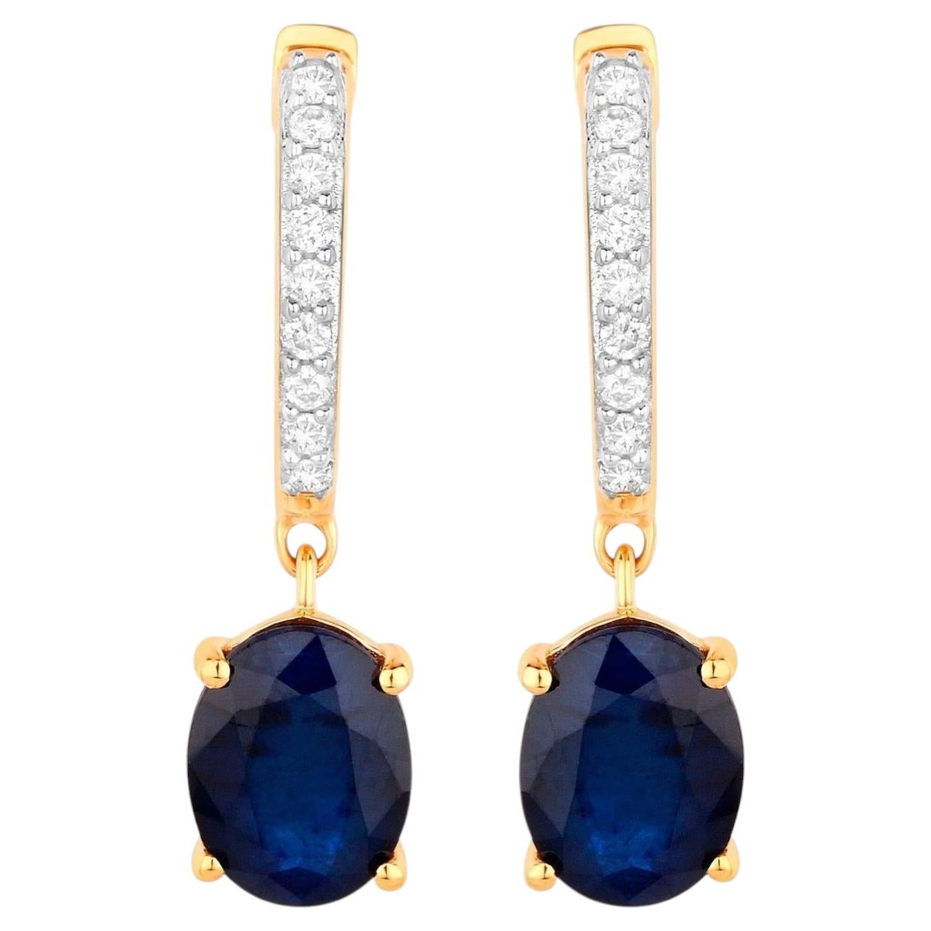 Blue Sapphire Dangle Earrings Diamonds 3.2 Carats 14K Yellow Gold