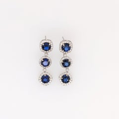 Blue Sapphire Dangle Earrings w Earth Mined Diamonds in Solid 14K Gold Round 6mm