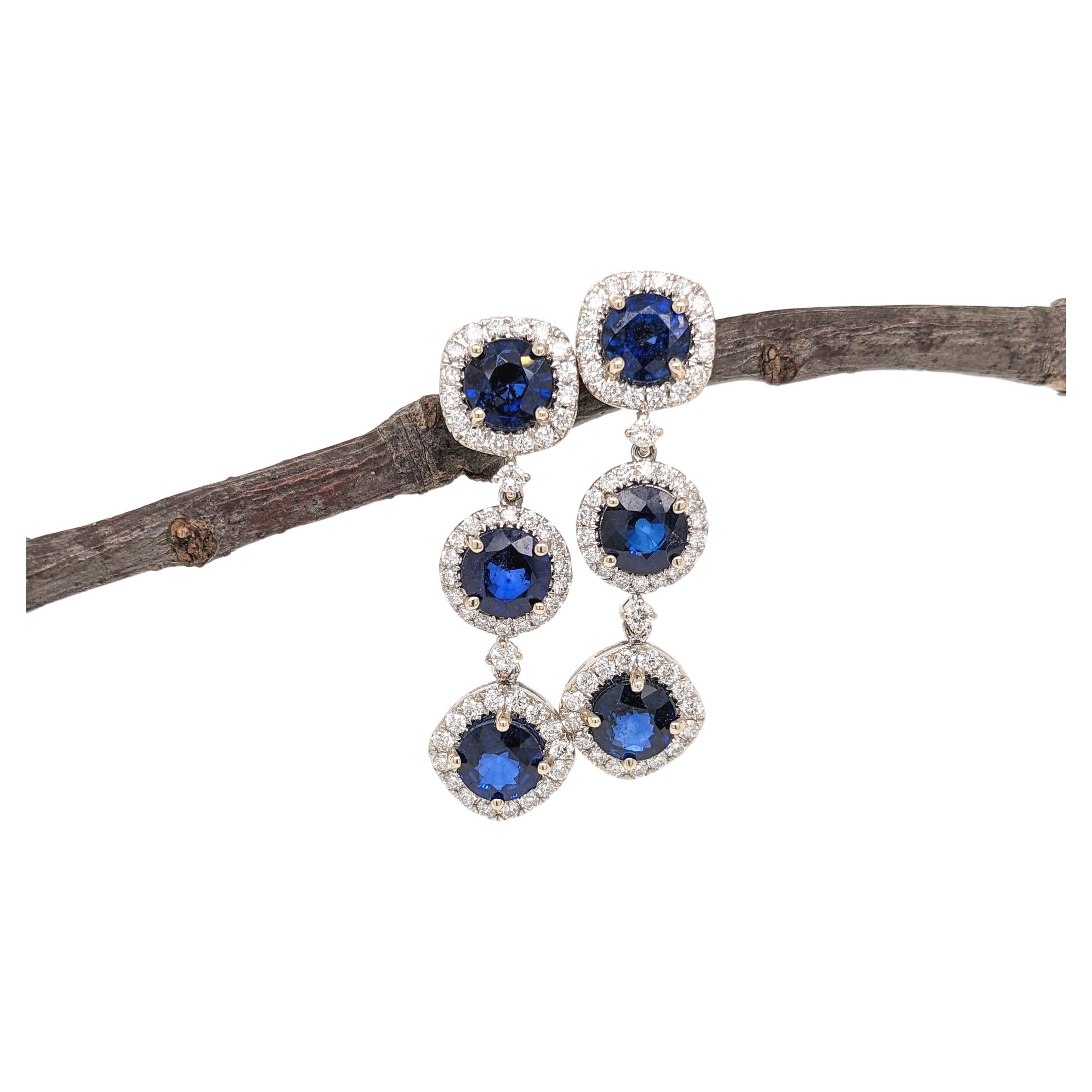 Blue Sapphire Dangle Earrings w Earth Mined Diamonds in Solid 14K Gold Round 6mm