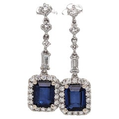 Blue Sapphire Dangle Earrings w Earth Mined Diamonds in Solid 14K Gold EM 6x5mm