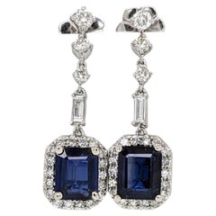 Blue Sapphire Dangle Earrings w Earth Mined Diamonds in Solid 14K Gold EM 6x5mm