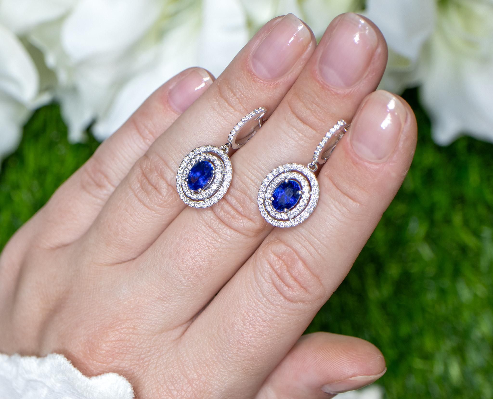 Oval Cut Blue Sapphire Dangle Earrings With Diamonds 3.28 Carats 18K Gold