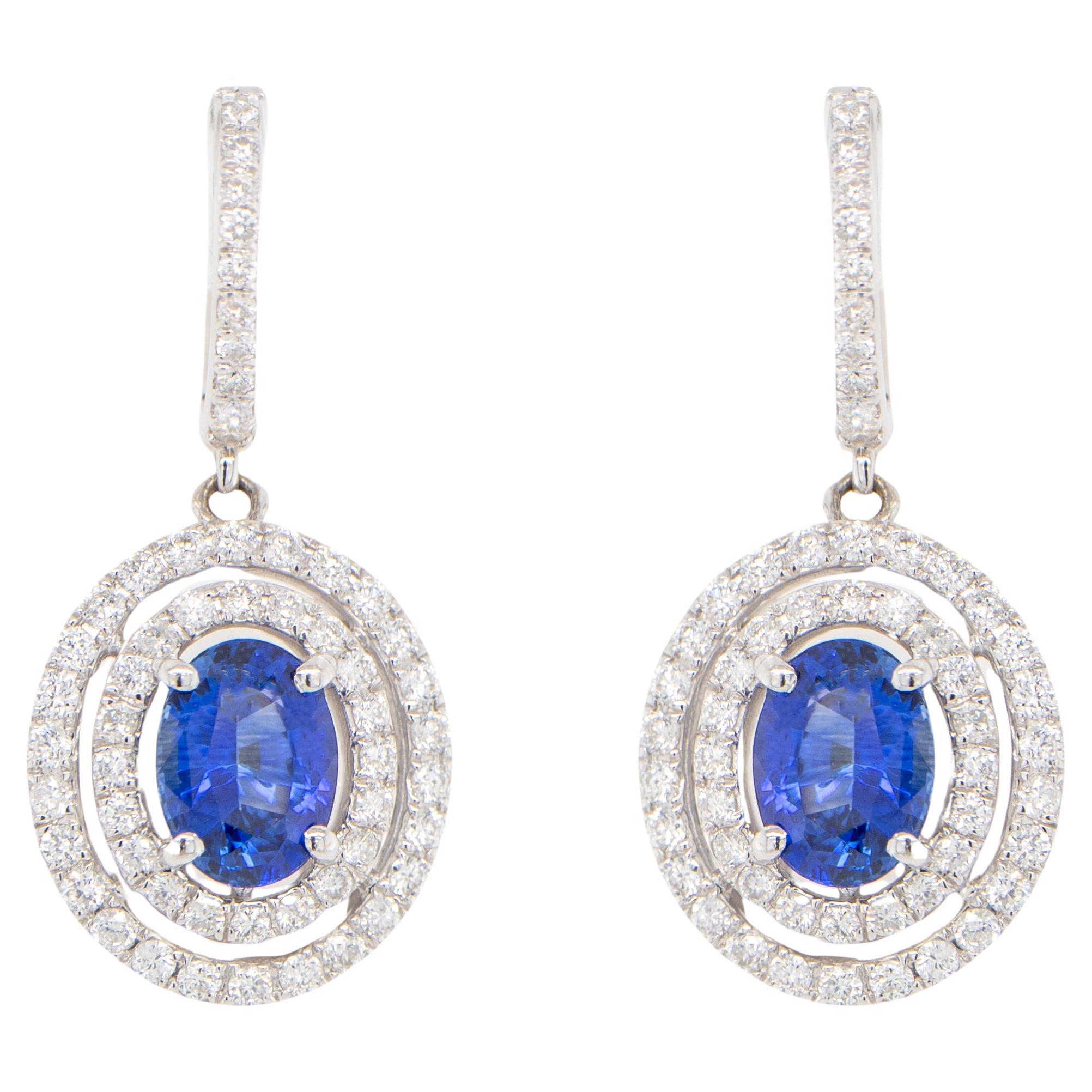 Blue Sapphire Dangle Earrings With Diamonds 3.28 Carats 18K Gold