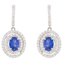 Blue Sapphire Dangle Earrings With Diamonds 3.28 Carats 18K Gold