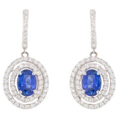 Blue Sapphire Dangle Earrings With Diamonds 3.28 Carats 18K Gold