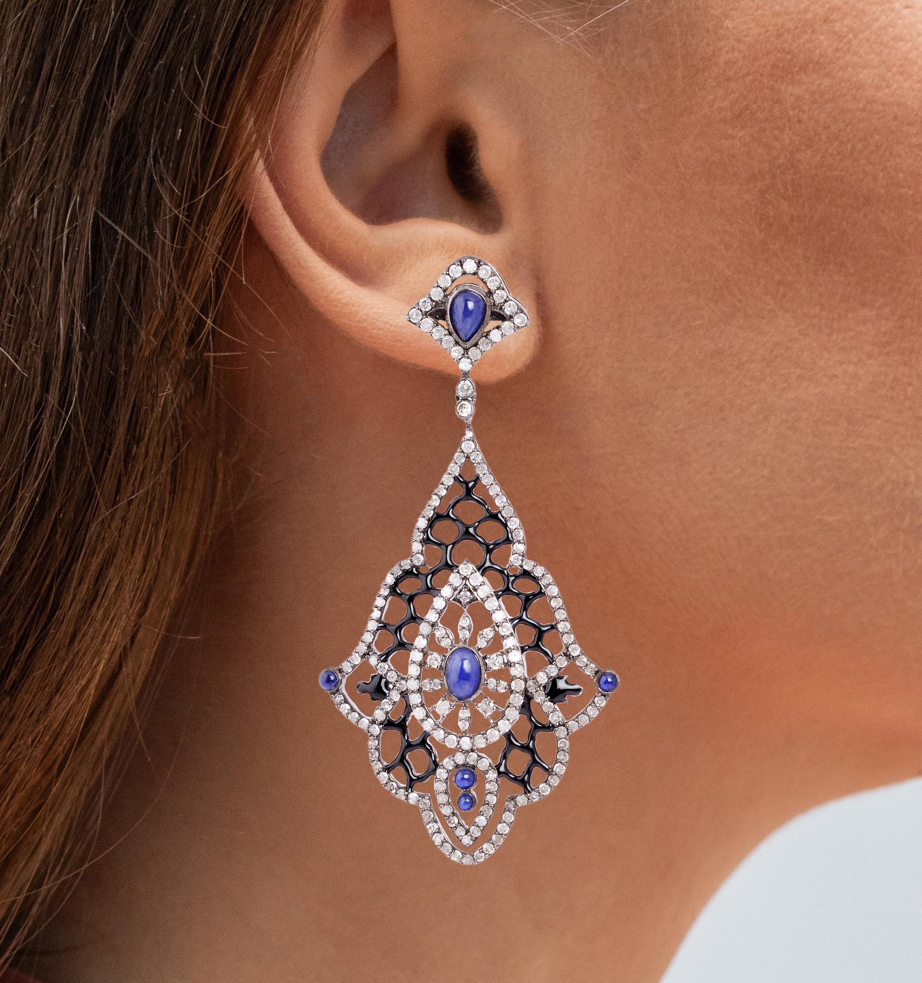 Art Deco Blue Sapphire Dangle Earrings With Diamonds 8.22 Carats For Sale