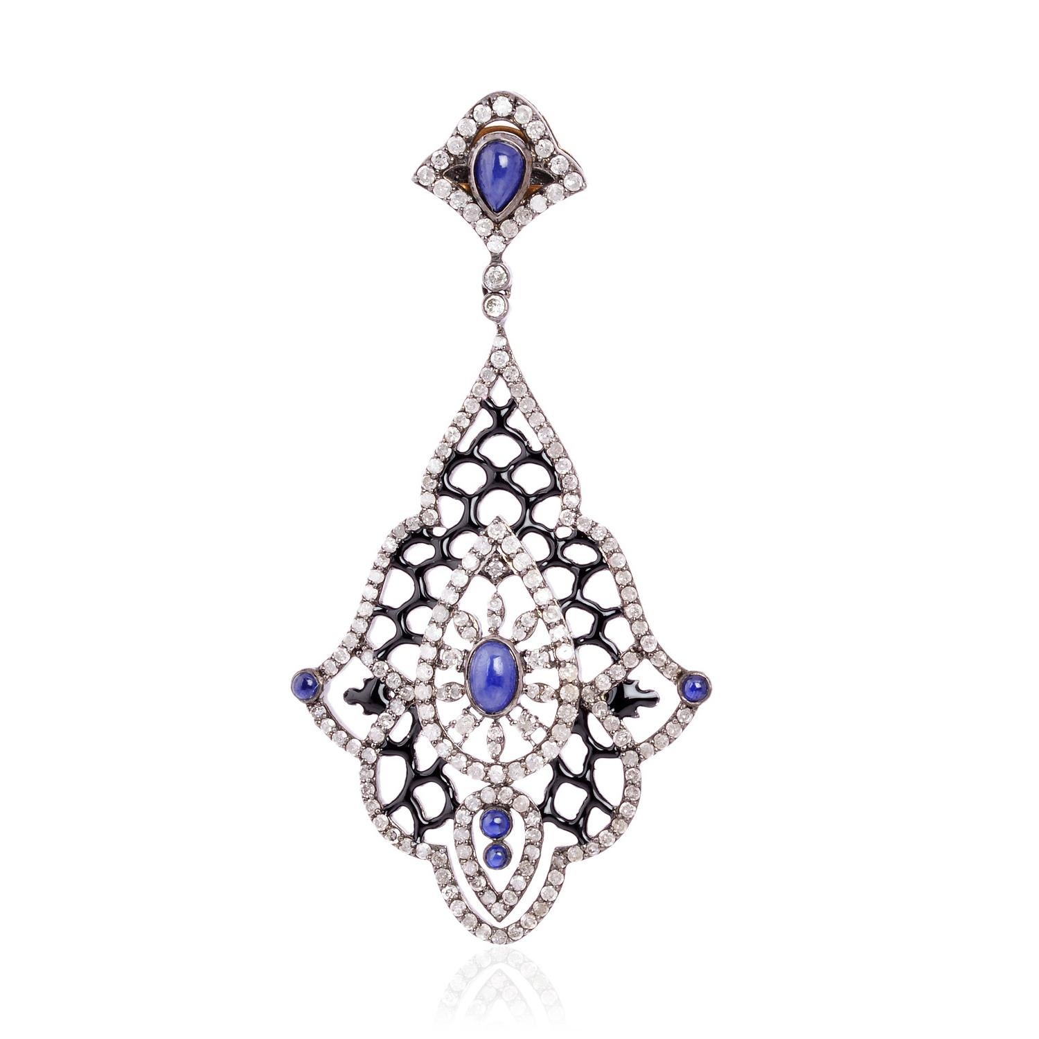 Mixed Cut Blue Sapphire Dangle Earrings With Diamonds 8.22 Carats For Sale