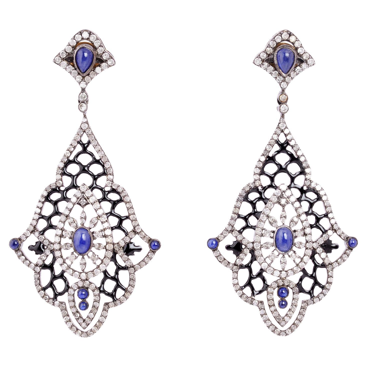Blue Sapphire Dangle Earrings With Diamonds 8.22 Carats For Sale