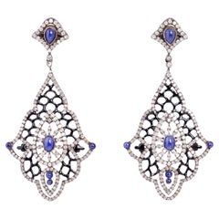 Retro Blue Sapphire Dangle Earrings With Diamonds 8.22 Carats